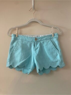 Lilly Pulitzer Aqua Scallop Hem High-Waist Shorts